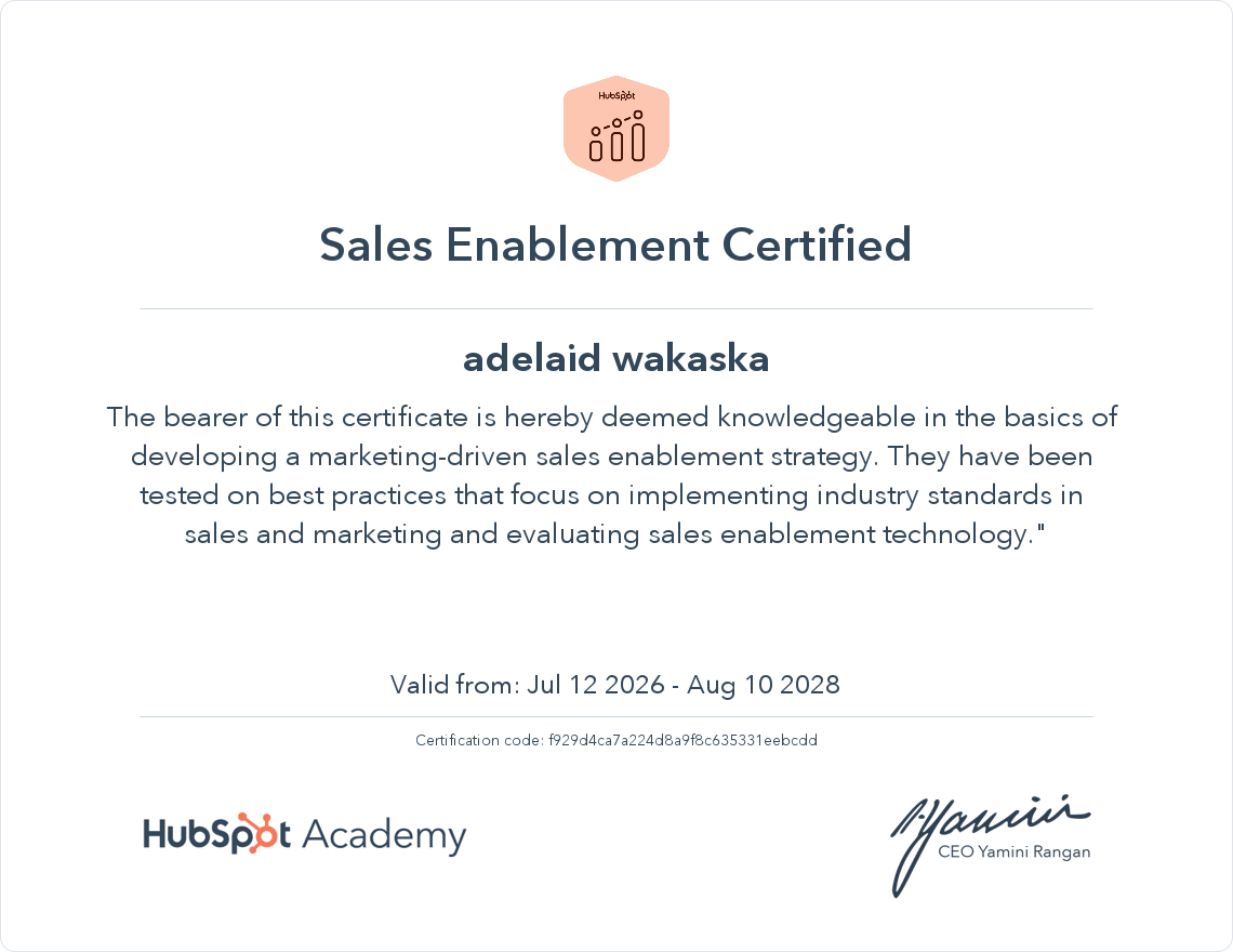 Sales Enablement Certified - Adelaid Wakaska